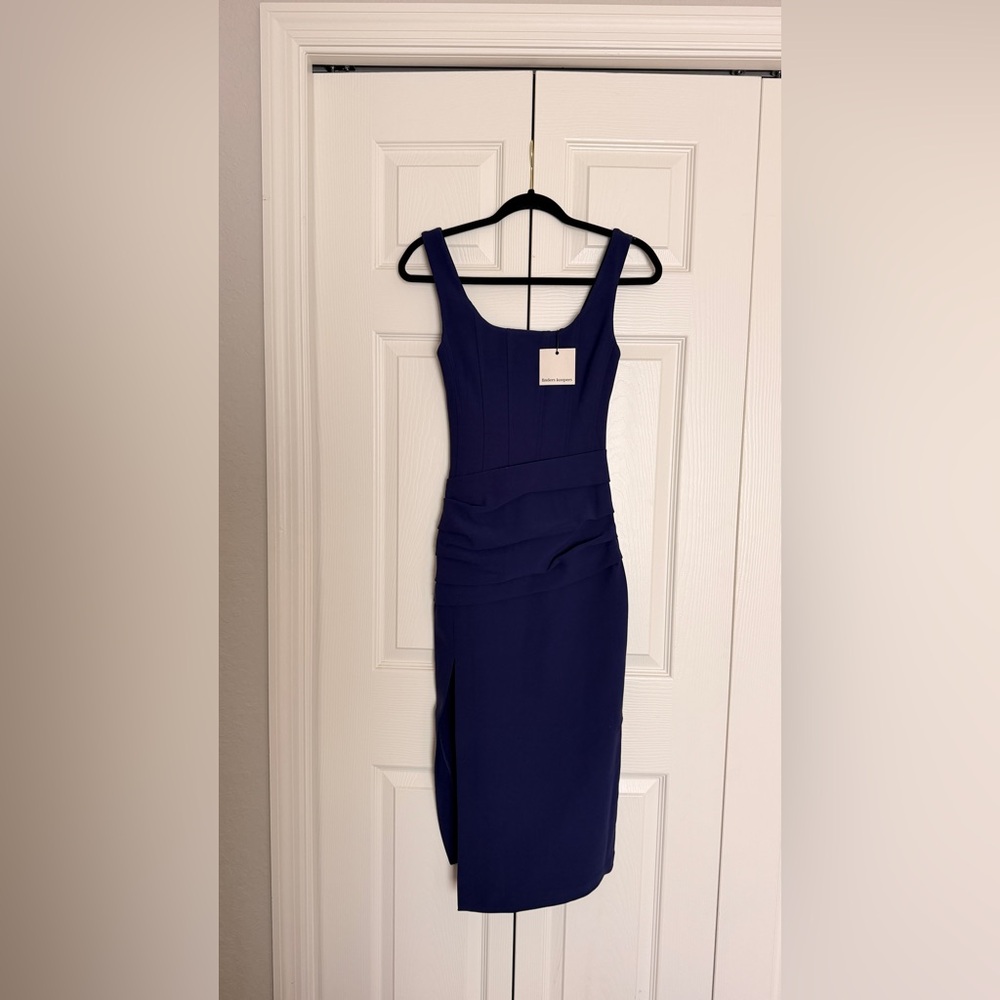 Finders Keepers Navy Square Neck Bodycon Midi Dress with Side Slit
